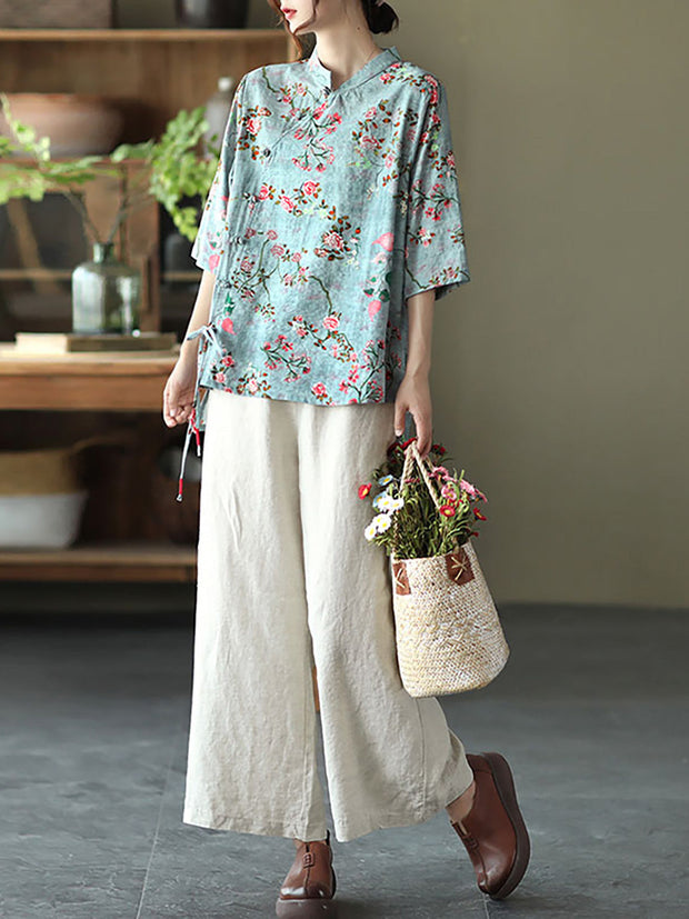 Plus size - Cotton Linen Floral Irregular Vintage Shirt