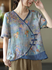 Plus Size - Vintage Stitching V Neck Short Sleeve Ramie T-shirt