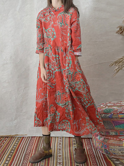 Plus Size Women Linen Vintage Printed Floral Dress