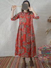 Plus Size Women Linen Vintage Printed Floral Dress