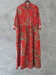 Plus Size Women Linen Vintage Printed Floral Dress