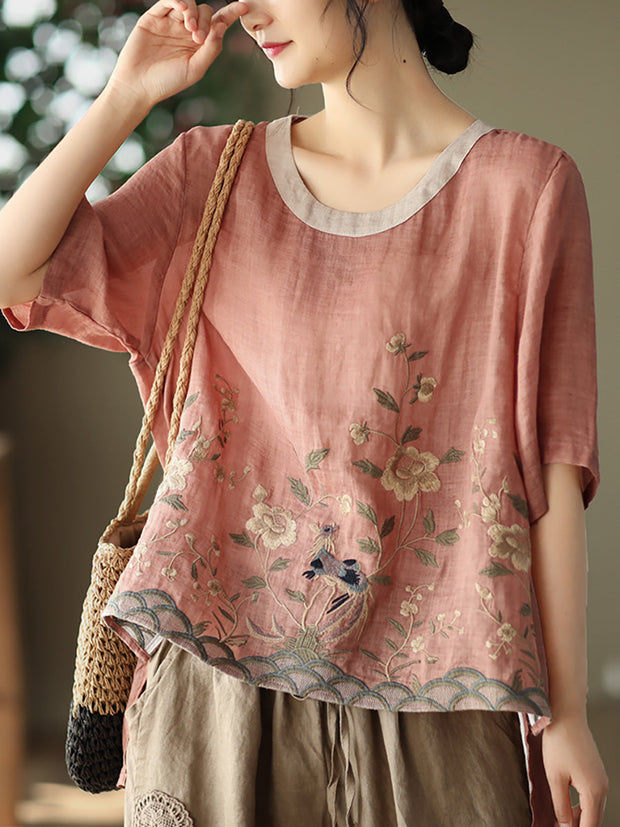 Plus Size Women Casual Embroidery Ramie Spring T-Shirt