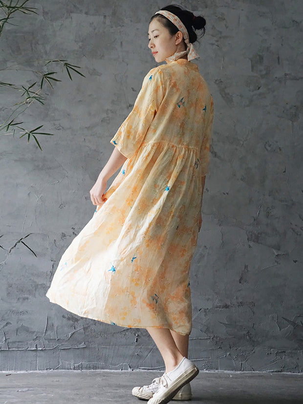 Plus Size Ramie Floral Vintage Women Summer Loose Dress