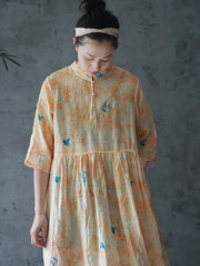 Plus Size Ramie Floral Vintage Women Summer Loose Dress