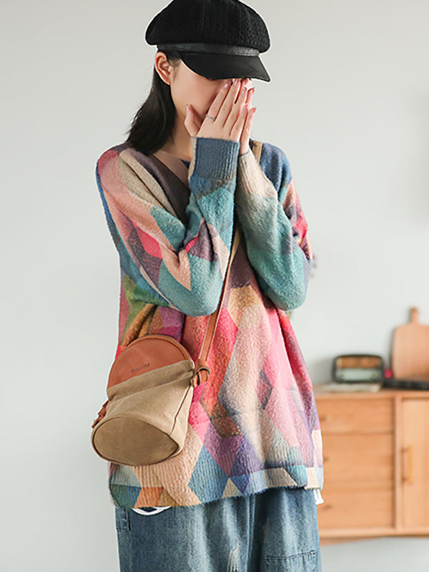 Plus Size Autumn Geometry Vintage Women Loose Sweater