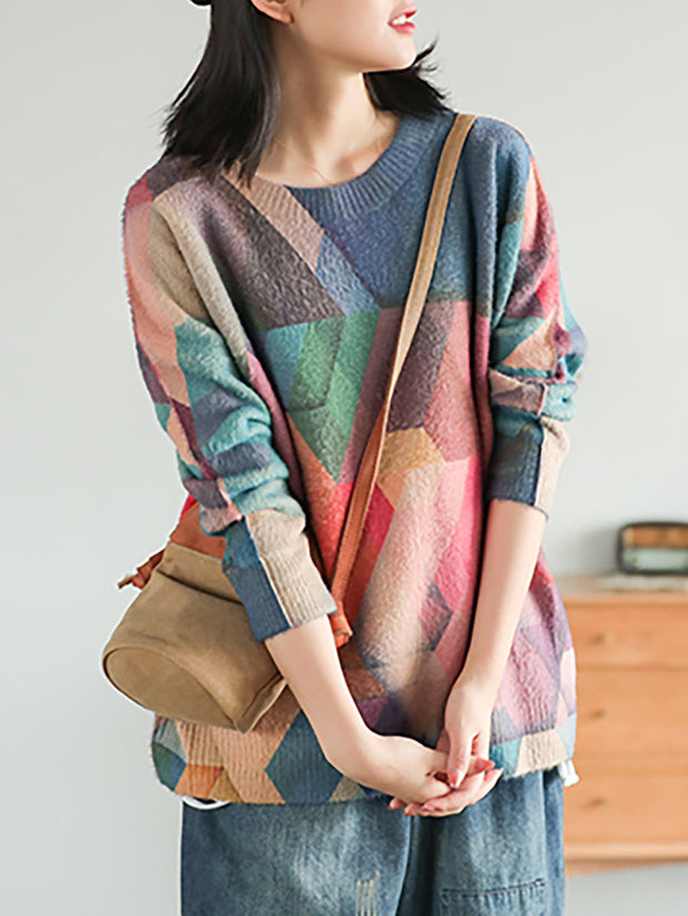 Plus Size Autumn Geometry Vintage Women Loose Sweater