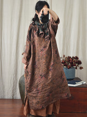 Plus Size Floral Autumn Vintage Linen Women Loose Dress