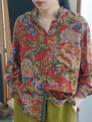 Plus Size Autumn Floral Women Cotton Shirts