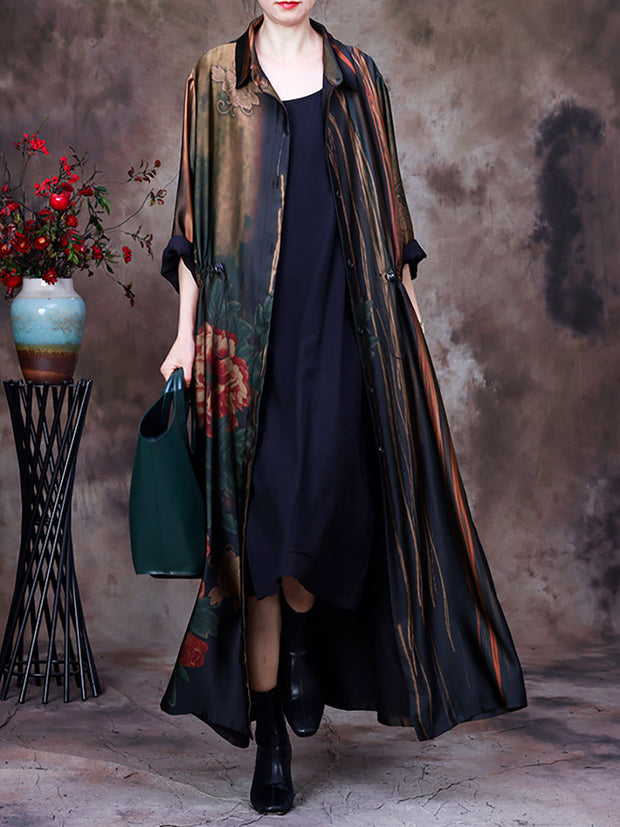 Plus Size Women Vintage Print Loose Long Coat