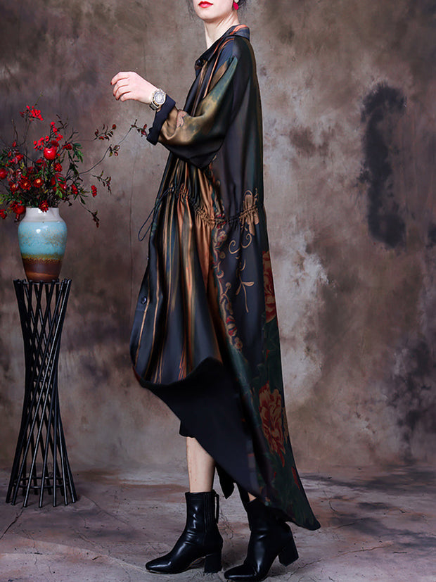 Plus Size Women Vintage Print Loose Long Coat