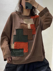 Plus Size Autumn Women Vintage Patchwork Loose Sweatshirt