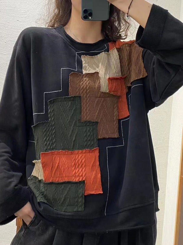 Plus Size Autumn Women Vintage Patchwork Loose Sweatshirt