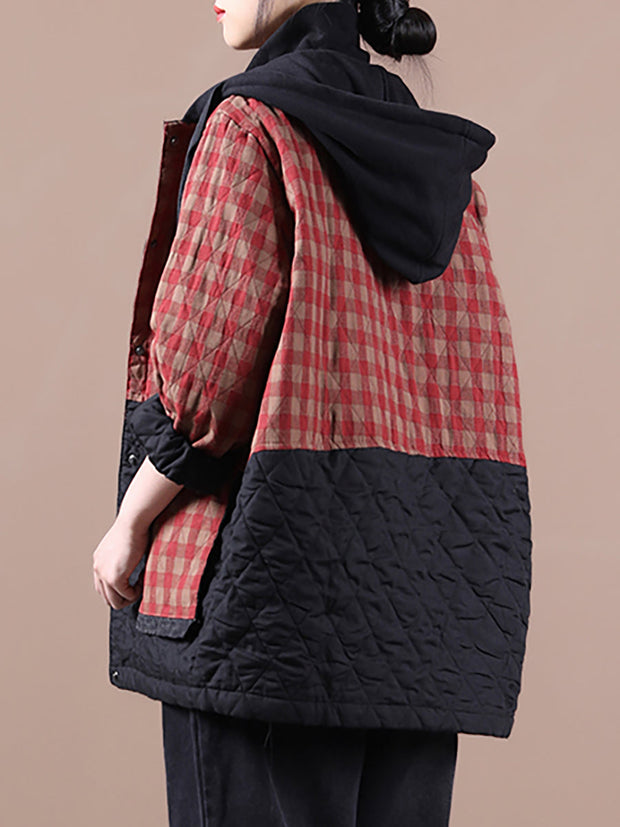 Plus Size Women Korean Style Plaid Hooded Colorblock Padded Coat
