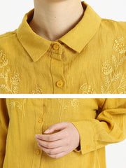 Plus Size Women Long Sleeve Linen Embroidered Loose Shirt