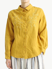 Plus Size Women Long Sleeve Linen Embroidered Loose Shirt