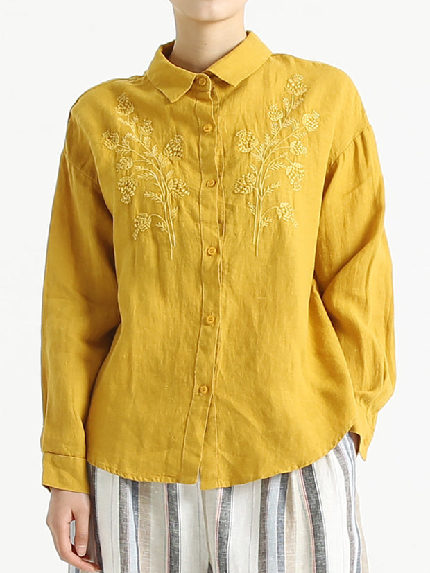 Plus Size Women Long Sleeve Linen Embroidered Loose Shirt