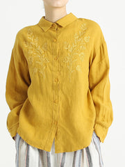 Plus Size Women Long Sleeve Linen Embroidered Loose Shirt