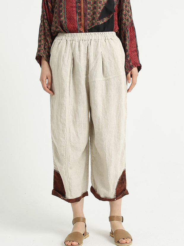 Plus Size Patchwork Linen Loose Elastic Waist Women Harem Pants