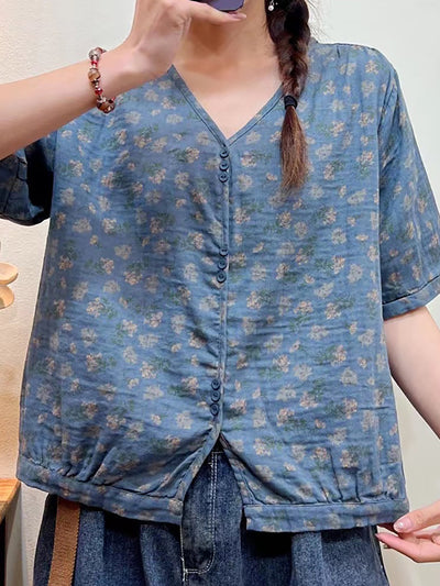 Plus Size Women Summer Floral Casual Button Loose Shirt