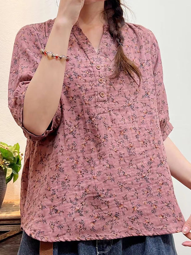 Damen-Sommer-Hemd mit künstlerischem Blumenmuster und lockerem Schnitt