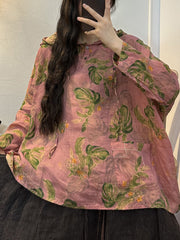 Plus Size Women Retro Flower Button Drawstring Hooded Shirt
