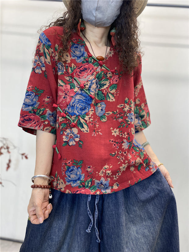 Plus Size Women Summer Retro Flower Loose Cotton Shirt