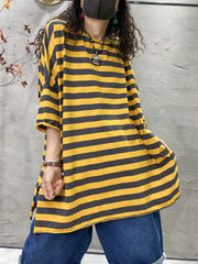 Plus Size Women Casual Stripe Split Hem O-Neck Loose Shirt