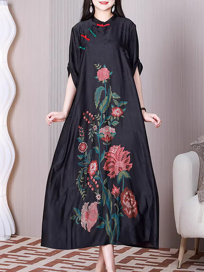 Plus Size Women Ethnic Flower A-shape Loose Dress