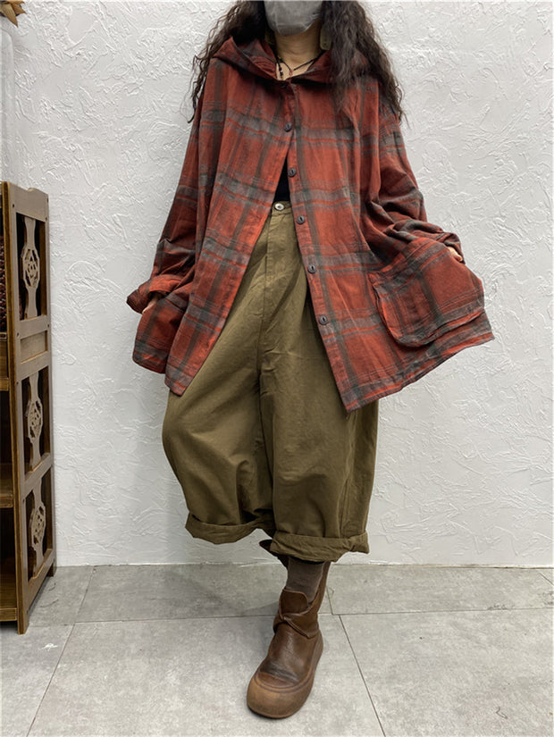 Plus Size Women Vintage Plaid Spring Hooded Shirt Coat