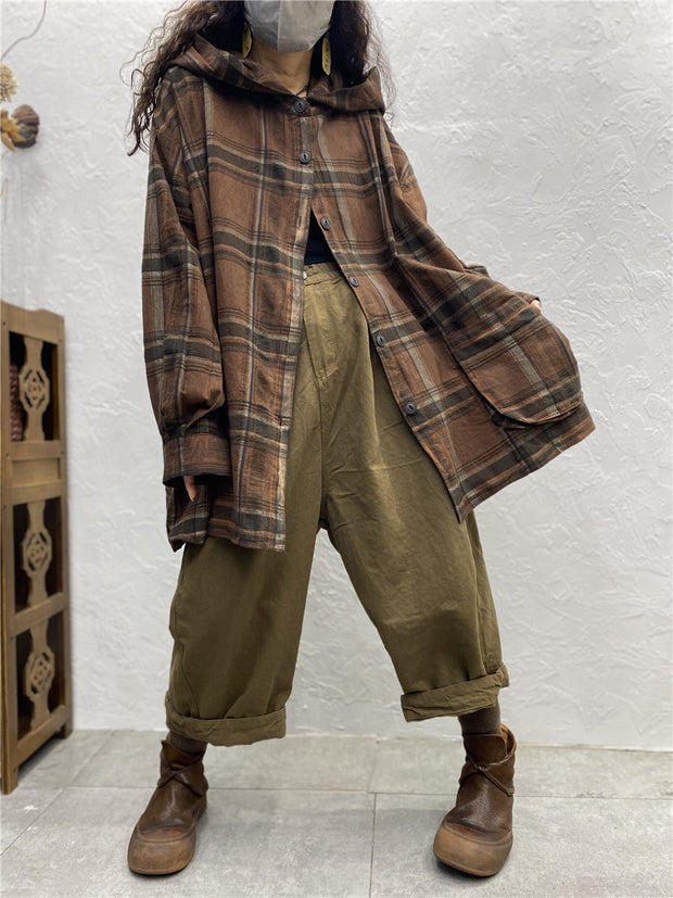 Plus Size Women Vintage Plaid Spring Hooded Shirt Coat