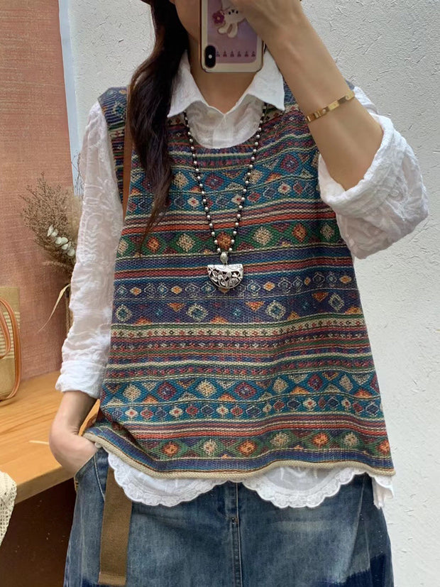 Women Autumn Artsy Colorblock Knit O-Neck Vest