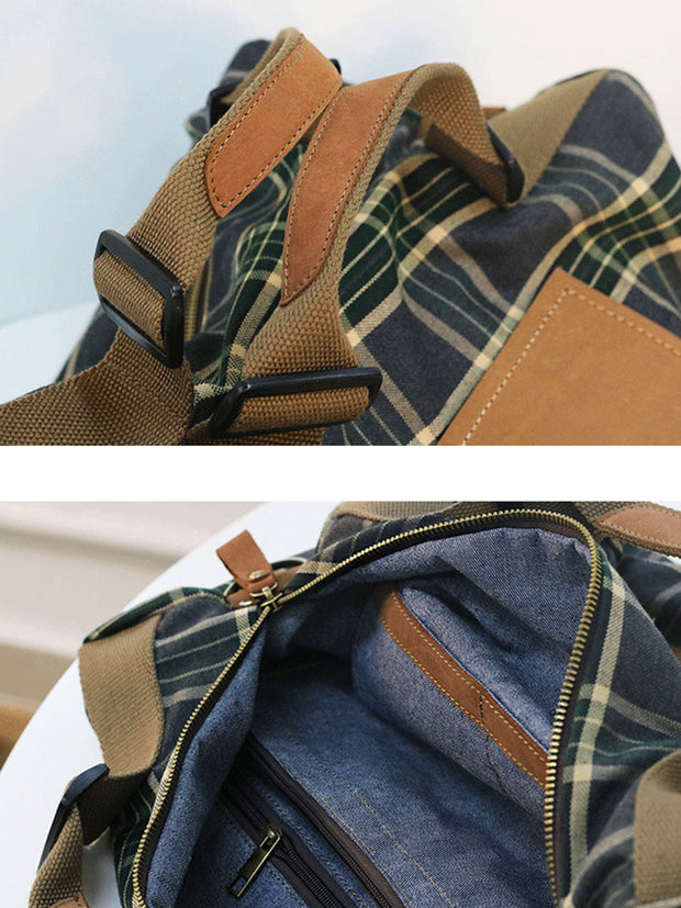 Vintage Plaid Canvas Spliced Crossbody Bag Backpack