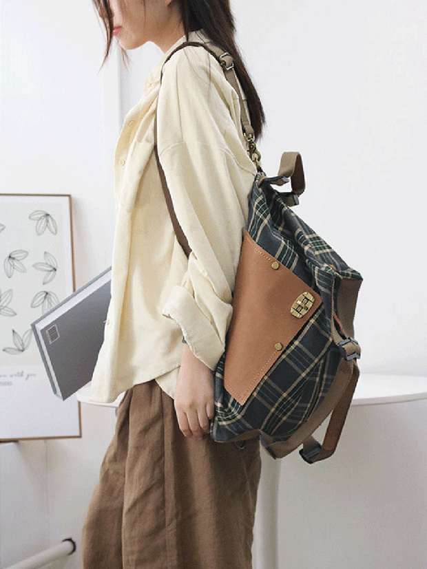 Vintage Plaid Canvas Spliced Crossbody Bag Backpack