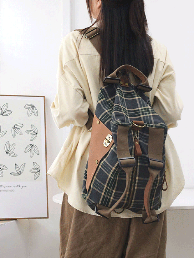 Vintage Plaid Canvas Spliced Crossbody Bag Backpack