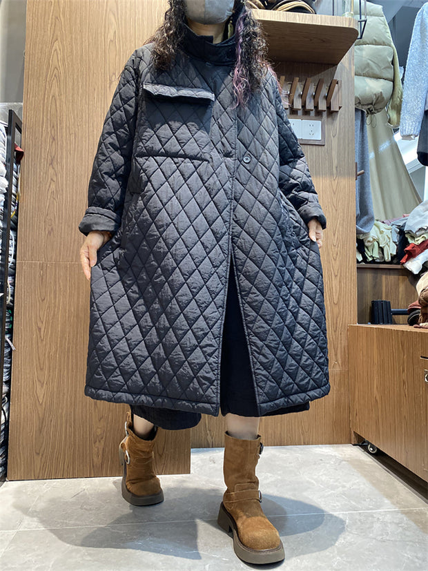 Women Autumn Casual Rhomboid Stand Collar Padded Coat