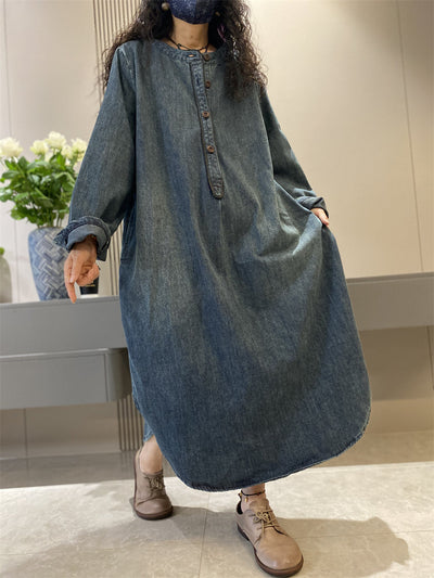 Women Autumn Retro Solid Denim O-Neck  Loose Dress