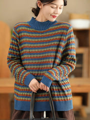 Women Autumn Casual Stripe Half-Turtleneck Sweater