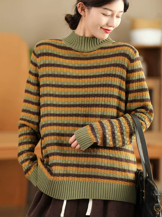 Women Autumn Casual Stripe Half-Turtleneck Sweater