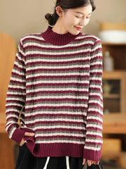 Women Autumn Casual Stripe Half-Turtleneck Sweater