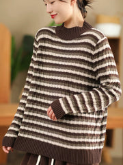 Women Autumn Casual Stripe Half-Turtleneck Sweater