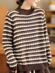 Women Autumn Casual Stripe Half-Turtleneck Sweater