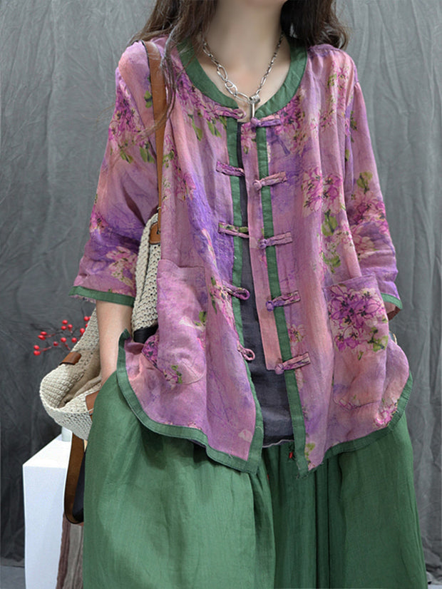 Plus Size Women Ethnic Buttoned O-Neck Flower 100%Ramie Shirt