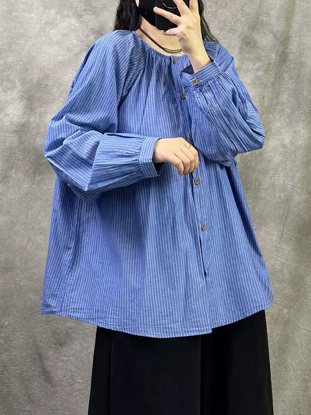 Women Spring Casual Stripe O-Neck Loose Shirt