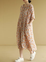 Women Summer Artsy Flower Cotton Loose Dress