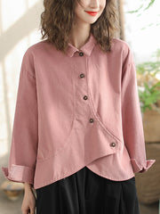 Plus Size Women Vintage Spring Slant-Closure Cotton Solid Shirt