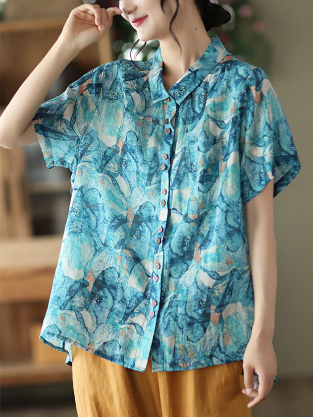 Plus Size Floral Ramie Vintage Summer Women Loose Shirt