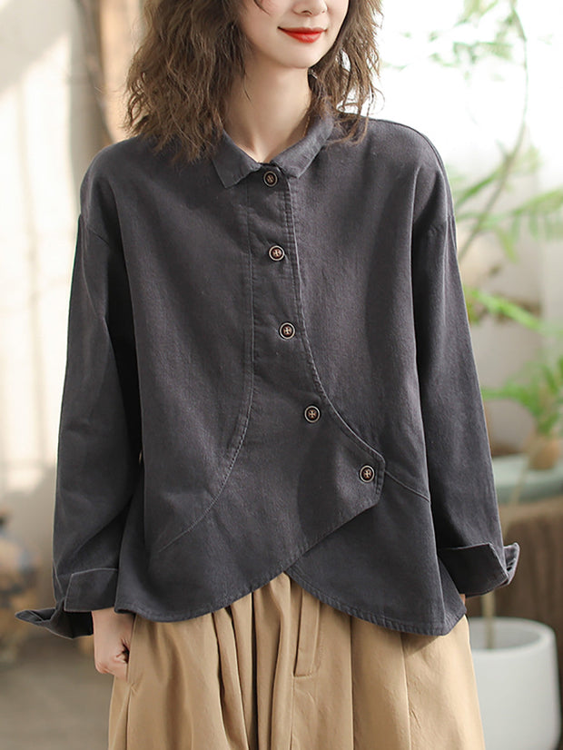 Plus Size Women Vintage Spring Slant-Closure Cotton Solid Shirt