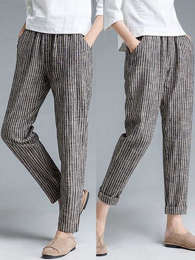 Plus Size Buykud Stripe Cotton Linen Women Pants