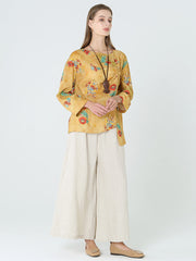 Plus Size Flower Prints Long Sleeve Spring Women Linen T-Shirt M-2XL