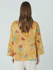 Plus Size Flower Prints Long Sleeve Spring Women Linen T-Shirt M-2XL